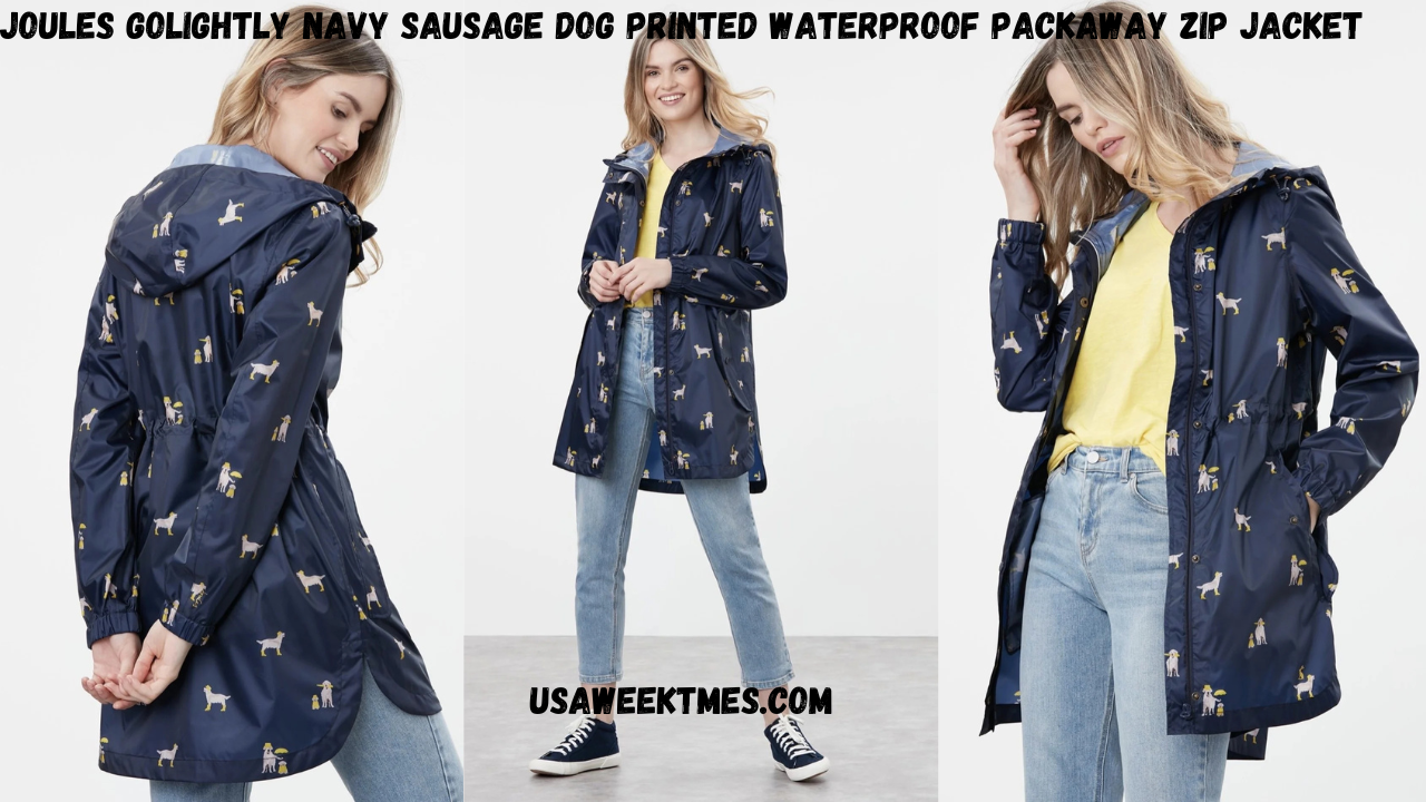 joules golightly navy sausage dog printed waterproof packaway zip jacket